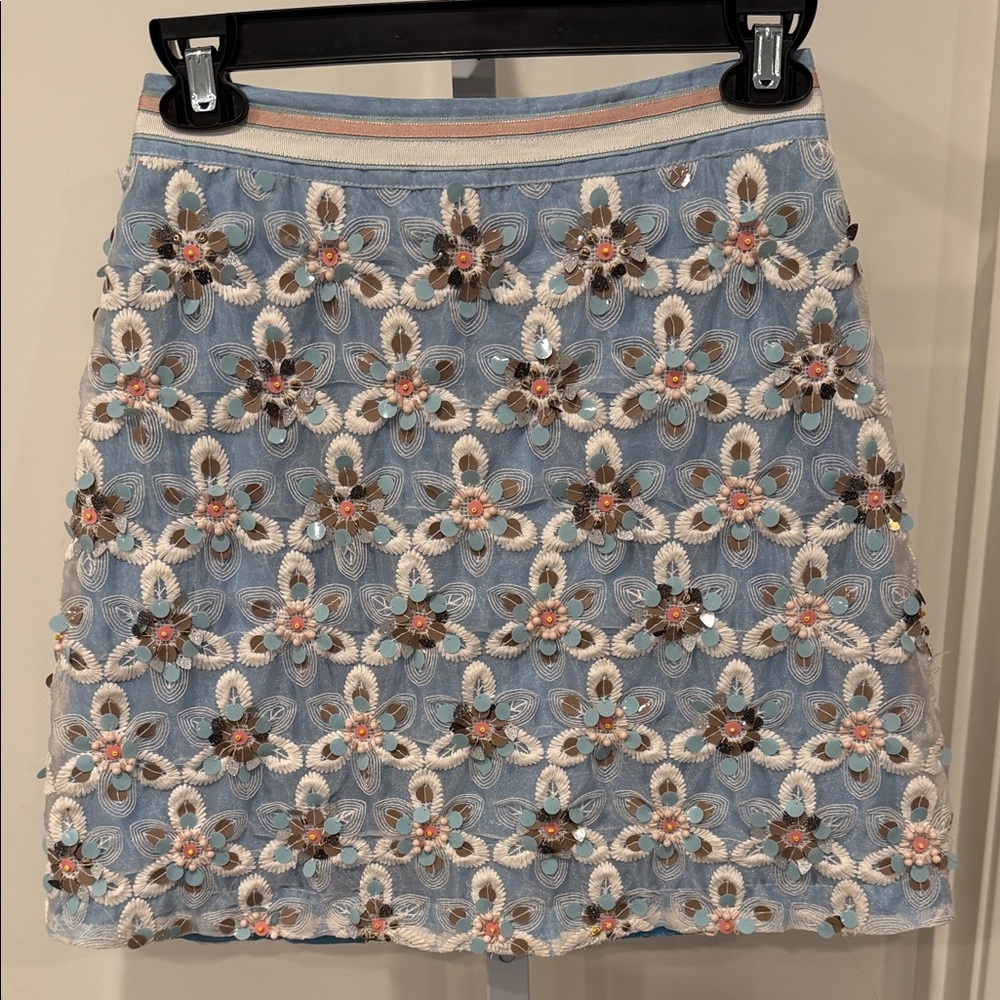 Maeve Persephone Sequin Beaded Mini Skirt Blue Pink Size 00 - Picture 3 of 10